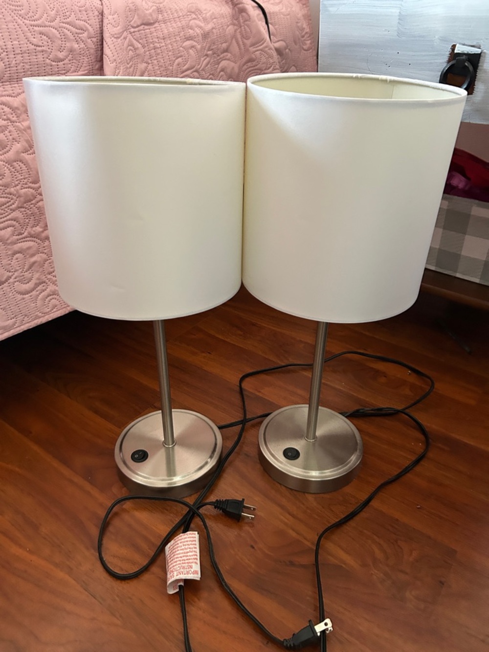 Pair of Modern White Table Lamps with Brushed Metal Bases